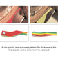 Brake pad thickness gauge shown from multiple angles, red base with colored strips