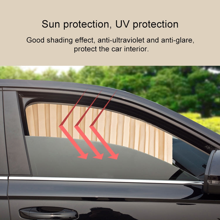 Tan car sunshade curtain installed on window with UV and glare protection shown by arrows