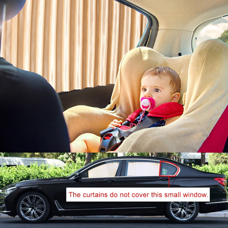 Tan car sunshade curtains with child seated inside the back seat