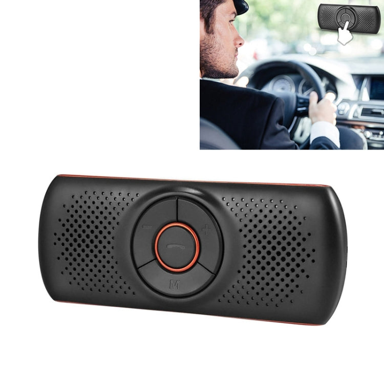 Black car Bluetooth speakerphone with central orange-ring control and perforated grille