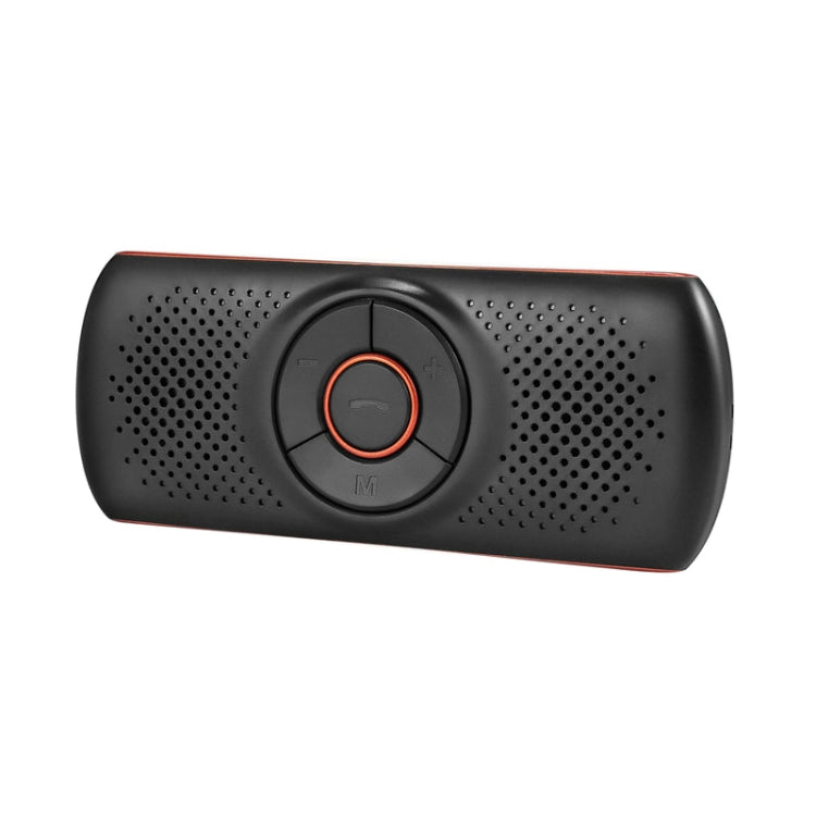 Black car Bluetooth speakerphone with orange-ring button and perforated speaker grille