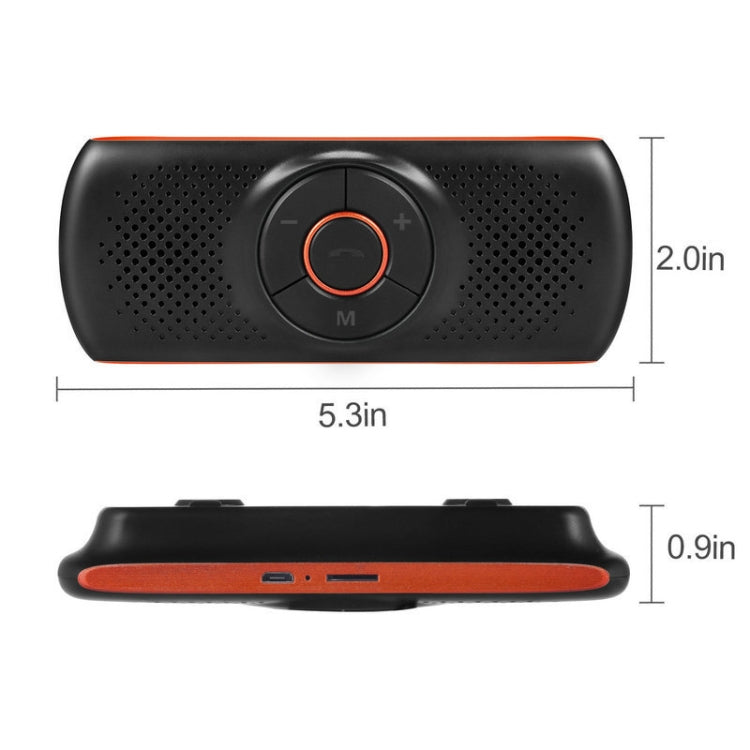 Black car speakerphone with orange-ring control, shown with size 5.3 in by 0.9 in