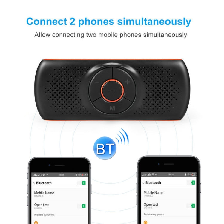 Black car Bluetooth speakerphone with orange-ring control showing dual-phone pairing