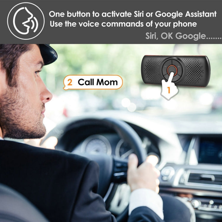 Black car speakerphone with orange-ring control and perforated speaker grille