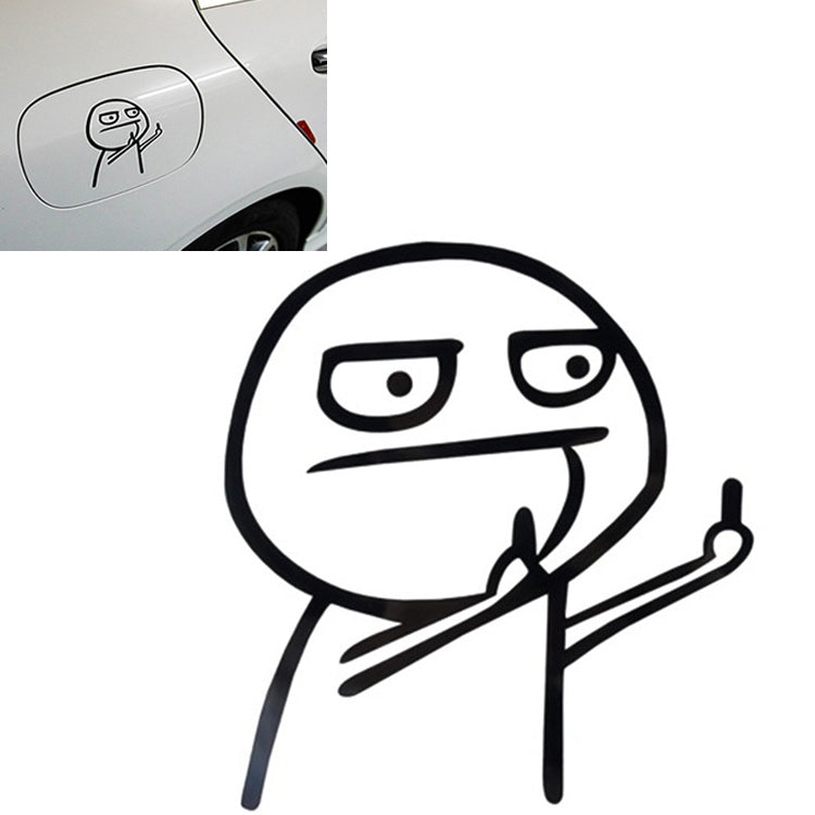 Car cartoon face sticker in black line art inside an oval on vehicle body