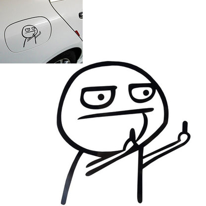 Car cartoon face sticker in black line art inside an oval on vehicle body