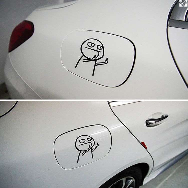Car cartoon sticker of a waving character in a small oval on a white car