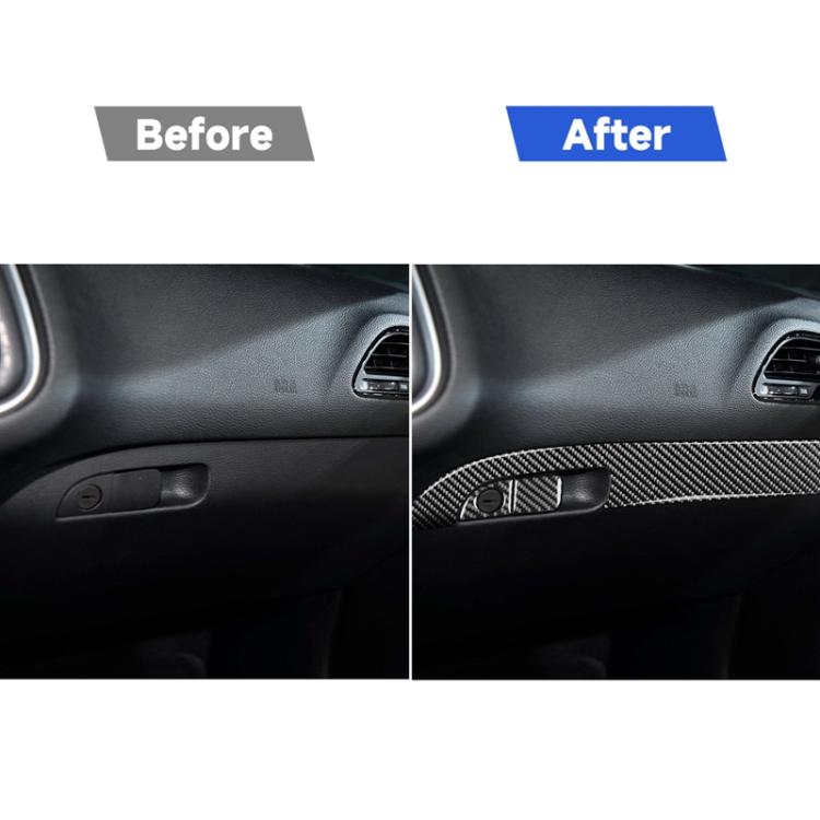 Carbon fiber co-pilot storage box trim sticker on car dash vent area, left side