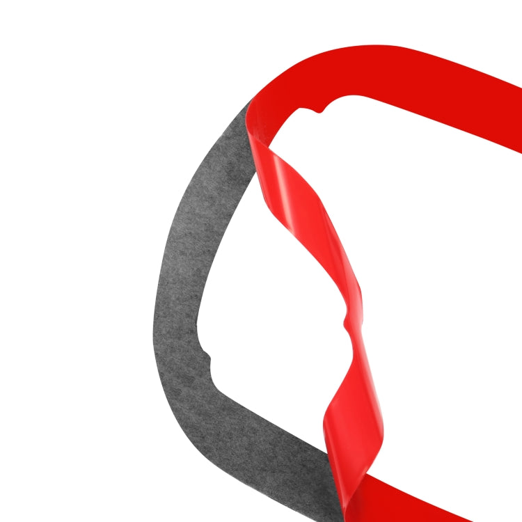 Carbon fiber-look seat back sticker with red backing film and curved edge