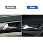 Door handle recess trim with carbon fiber-pattern sticker (before/after shown)