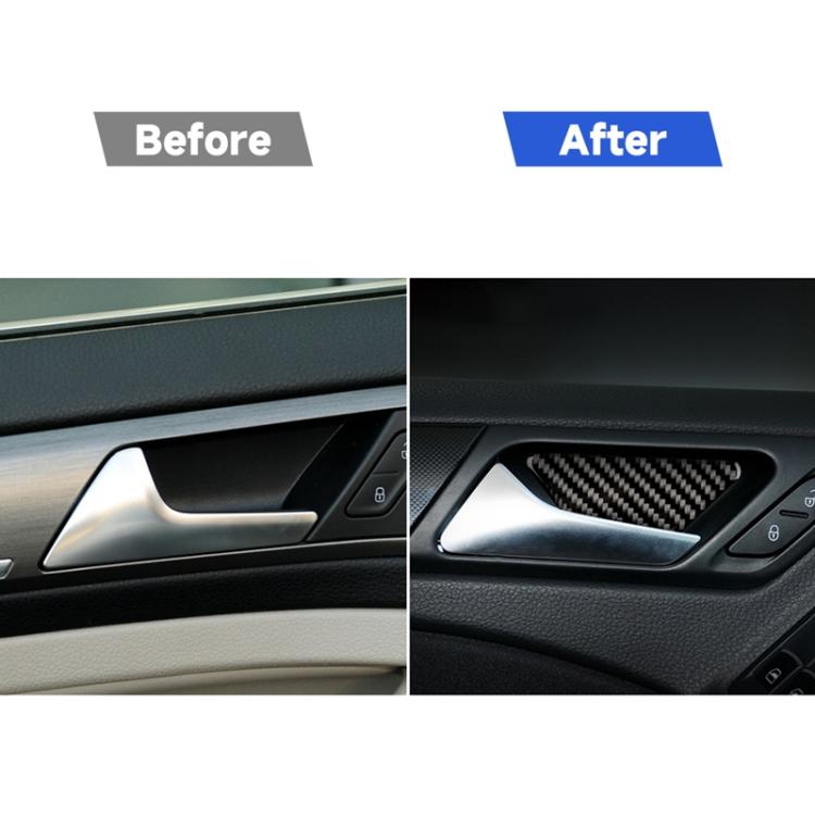 Door handle recess trim with carbon fiber-pattern sticker (before/after shown)