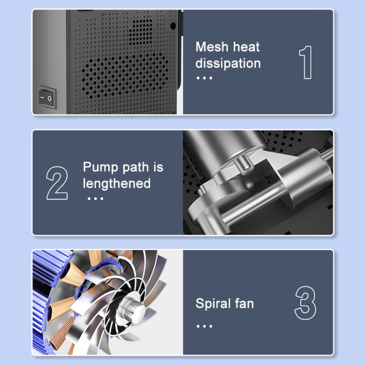 Electric air pump cooling vents and internal fan airflow graphic