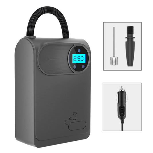 12V portable car tire air pump, digital screen on dark gray body