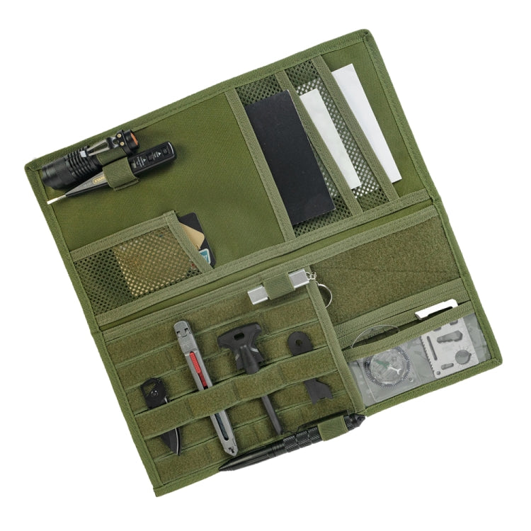 Army green car visor storage organizer with mesh pockets and elastic tool slots