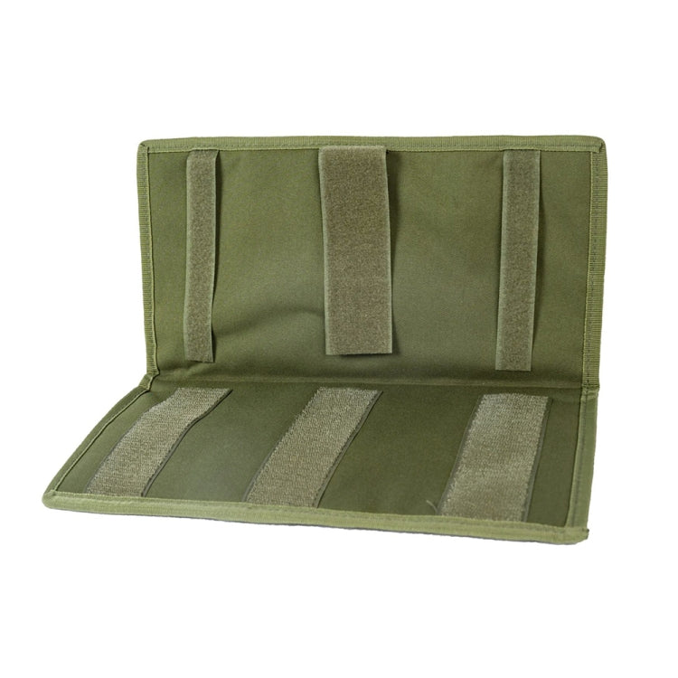 Olive green car visor organizer pouch with sewn dividers and multiple interior panels