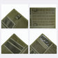 Olive green visor organizer closeups showing stitching, mesh pocket, and snap strap