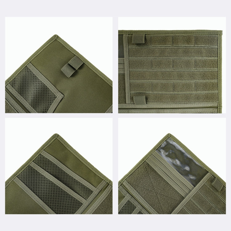 Olive green visor organizer closeups showing stitching, mesh pocket, and snap strap