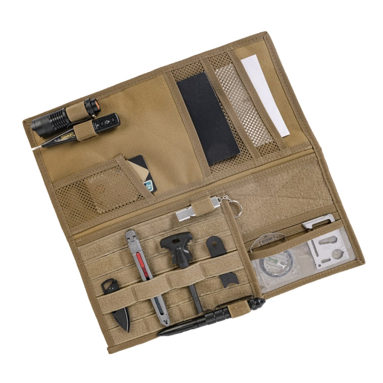 Khaki car visor storage organizer with mesh pockets and elastic tool compartments