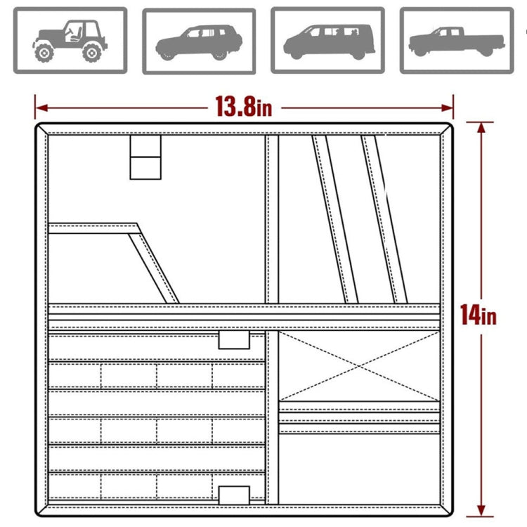 Size diagram for car visor organizer: 13.8 in wide, 14 in tall