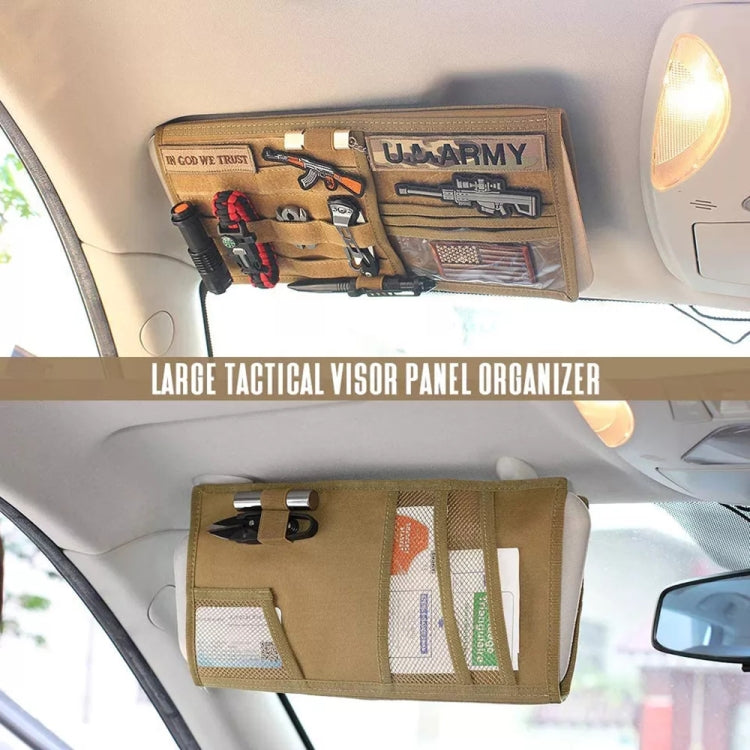 Khaki visor panel organizer mounted in a car with clear window pocket and compartments