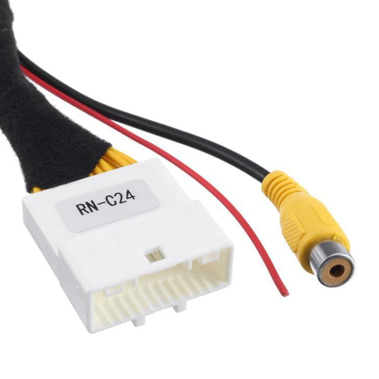 RCA plug and 24-pin harness connector on reverse camera adapter cable