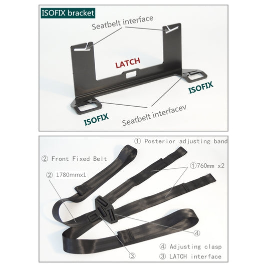 ISOFIX bracket with seatbelt interface, latch area, and adjustment strap shown diagram