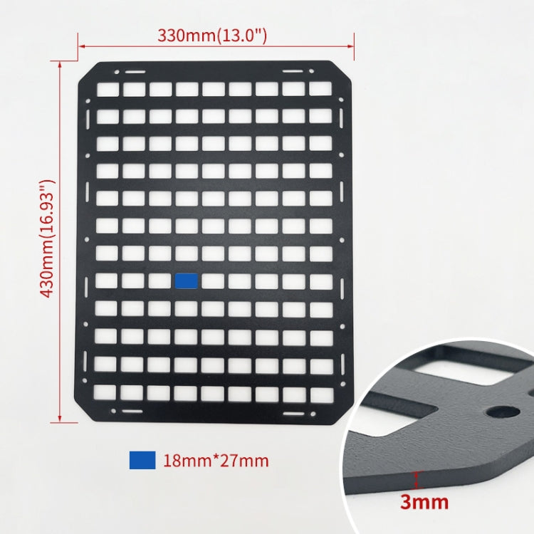 Black rigid car seat organizer panel with grid holes and strap loops