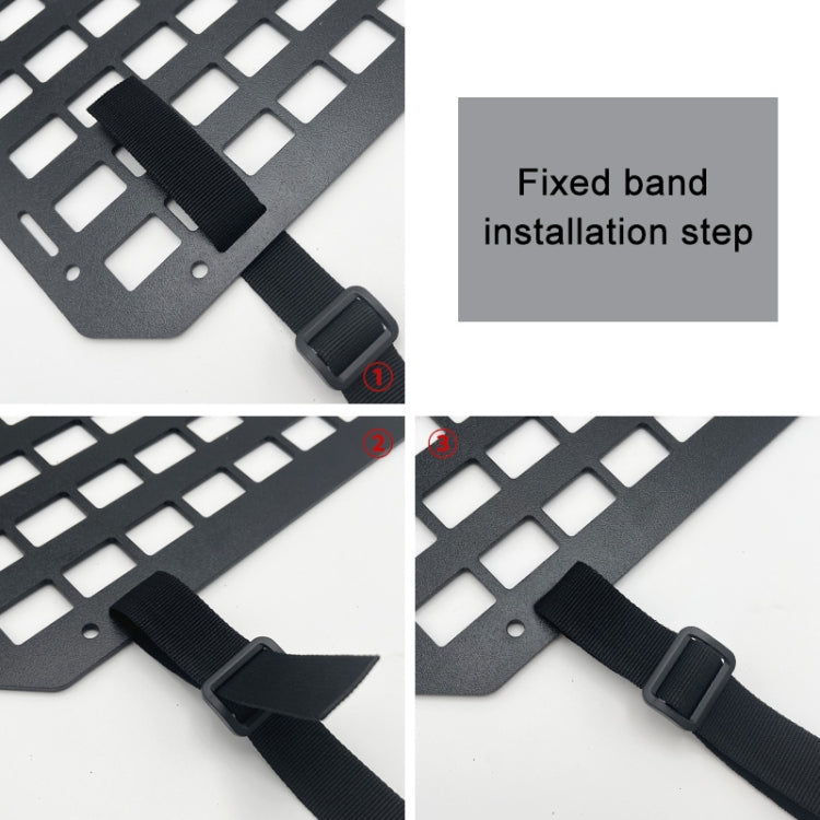 Black rigid grid panel with attached elastic bands and snap buckles