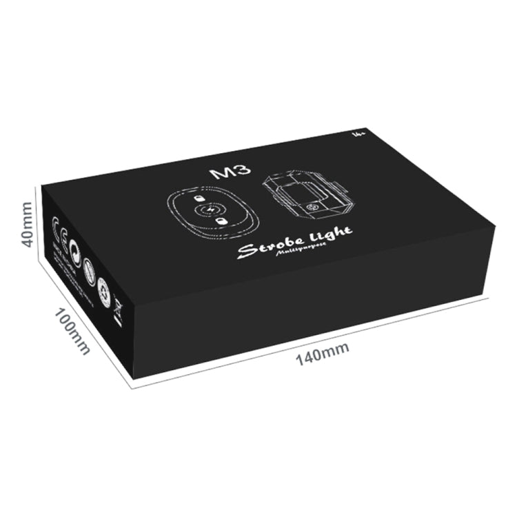 Motorcycle strobe light box with M3 strobe graphic and product diagram