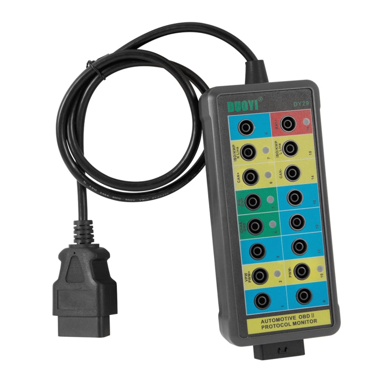 DUOYI DY29 OBD2 protocol monitor with cable and connector, multi-color test port panel