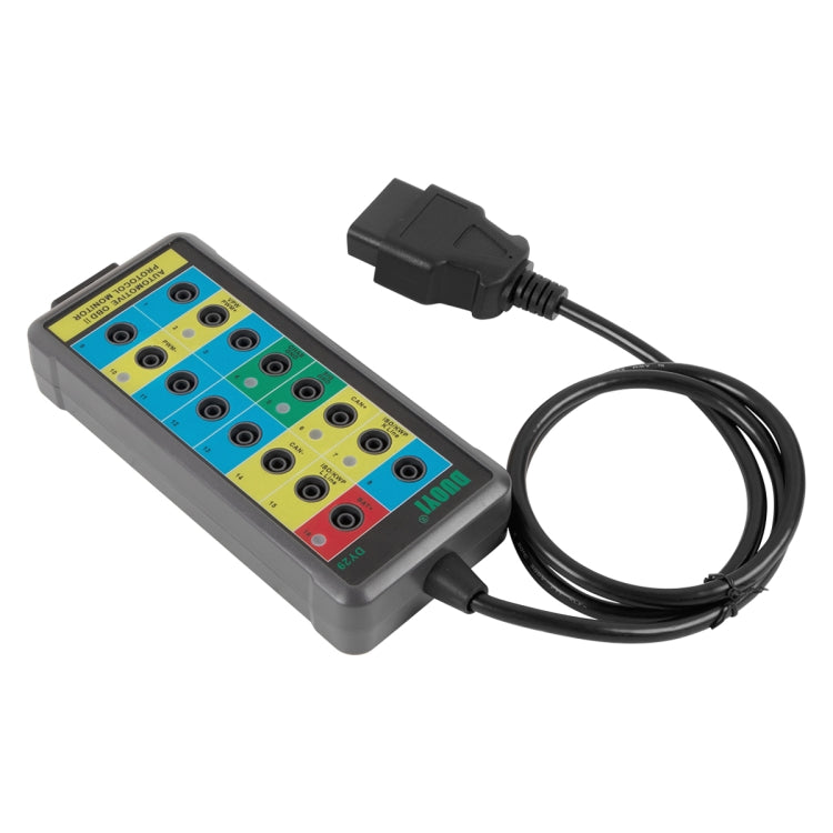 DUOYI DY29 OBD2 protocol monitor with cable and plug, front angled view