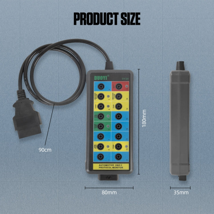 DUOYI DY29 OBD2 protocol monitor with size diagram, front panel and side dimensions