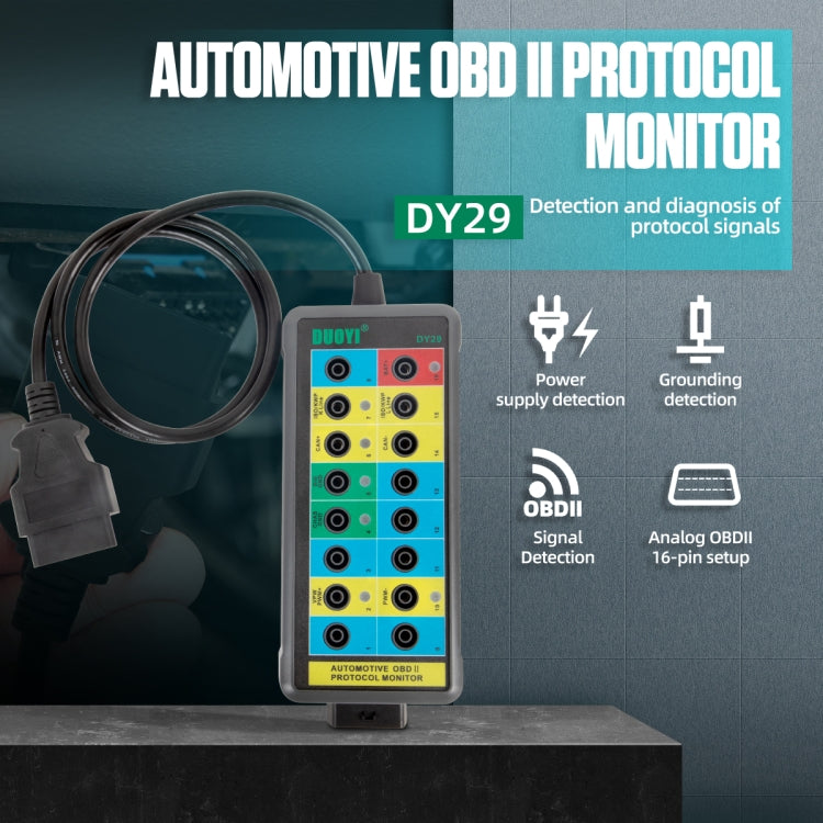 DUOYI DY29 automotive OBD II protocol monitor with connected cable, front display panel