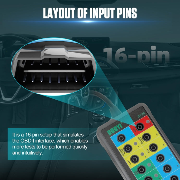 DUOYI DY29 protocol monitor with 16-pin input connector detail