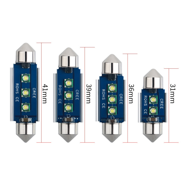Set of 41mm car reading dome LED lights with labeled 3LED SMD bulbs, side view