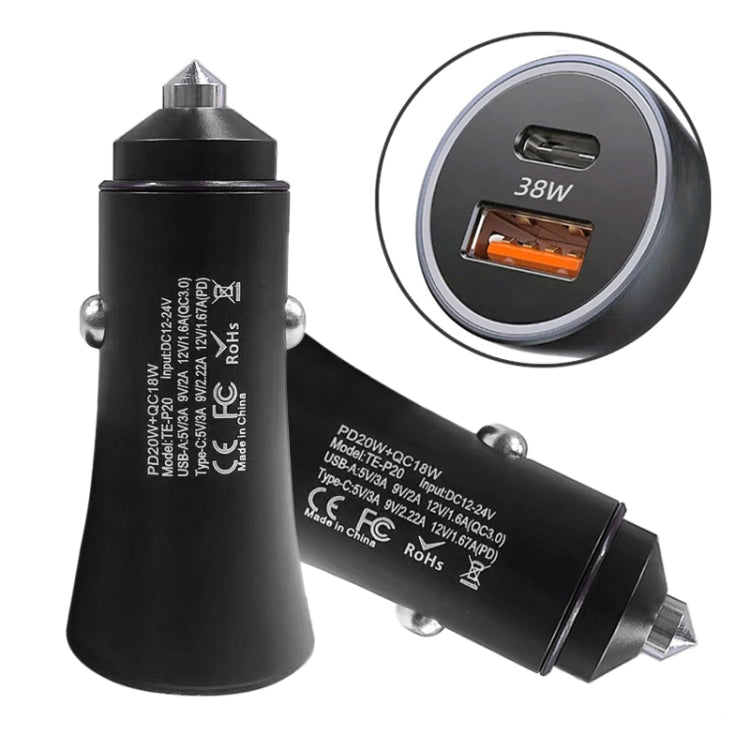 Black dual-port car fast charger with USB-A and USB-C ports, metal tip