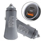 Grey dual-port car fast charger with USB-A and USB-C ports, metal tip