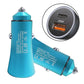 Blue dual-port car fast charger with USB-A and USB-C ports, metal tip