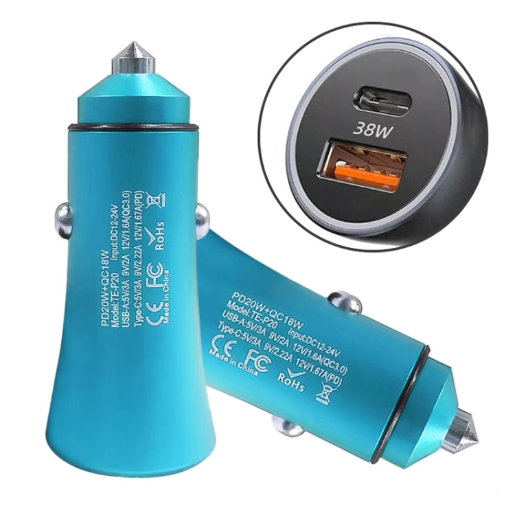 Blue dual-port car fast charger with USB-A and USB-C ports, metal tip