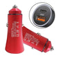 Red dual-port car fast charger with USB-A and USB-C ports, metal tip