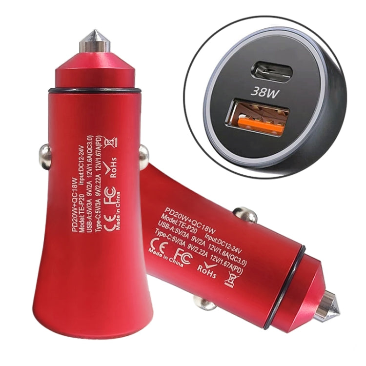 Red dual-port car fast charger with USB-A and USB-C ports, metal tip