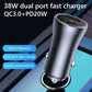 Metal dual-port car fast charger with USB-A and USB-C ports, circular top