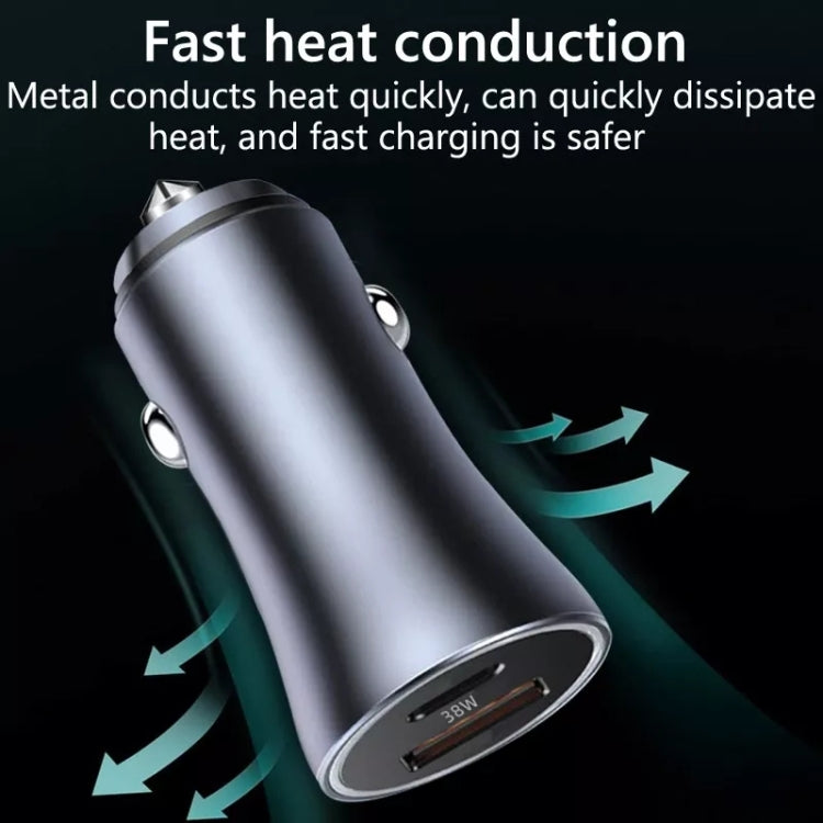 Metal dual-port car fast charger with orange USB-A port, mounted car-style