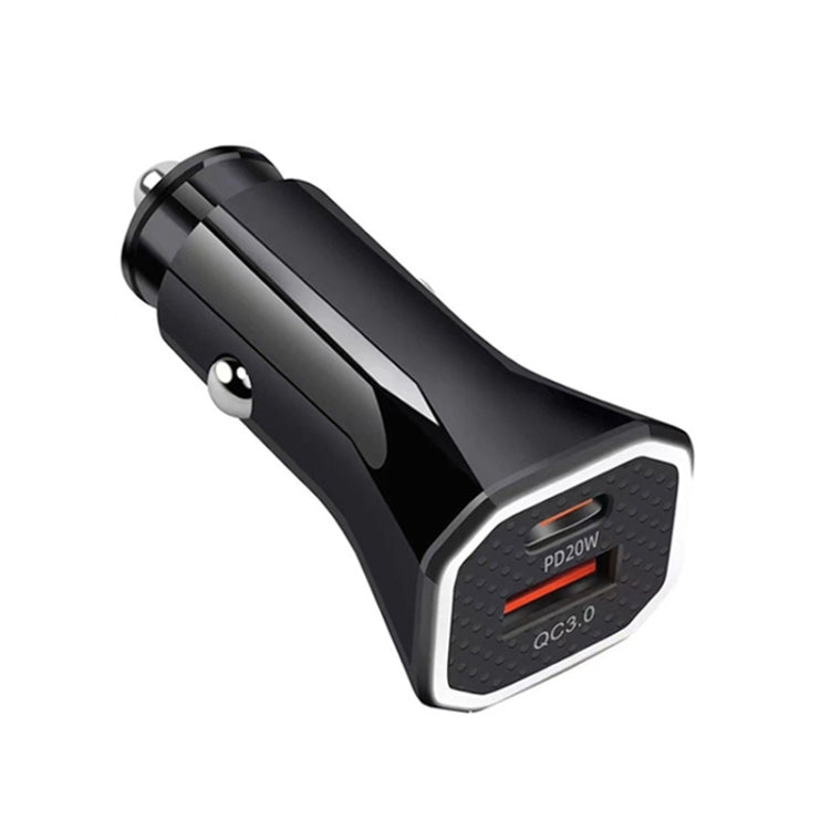 Black square car fast charger with dual USB ports and orange charging indicator