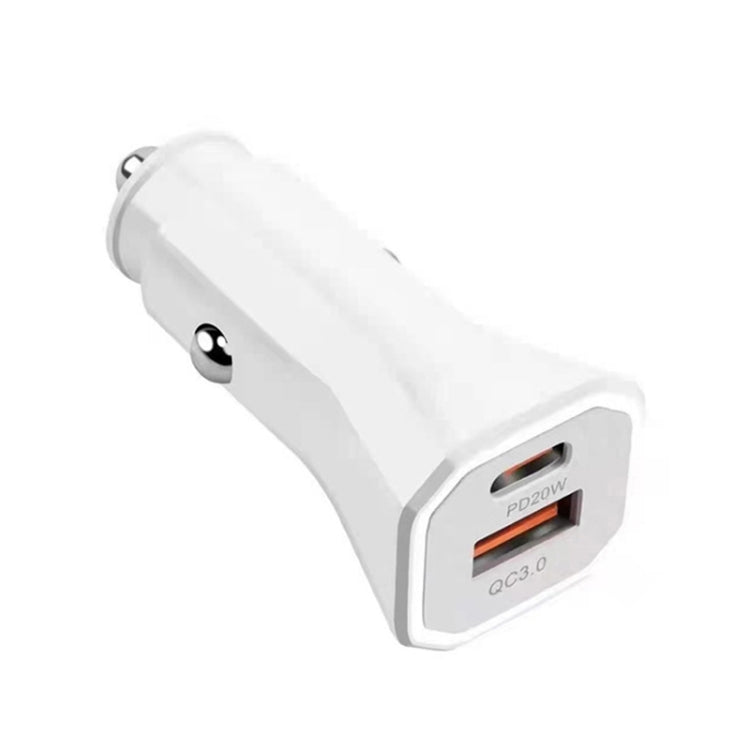 White square car fast charger with dual USB ports and orange charging indicator