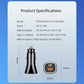 Black square car charger with product specifications and size diagram