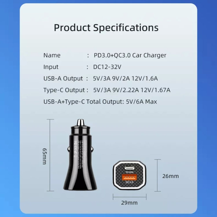 Black square car charger with product specifications and size diagram