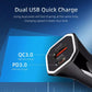 Black square car fast charger with dual USB ports and orange speed indicators
