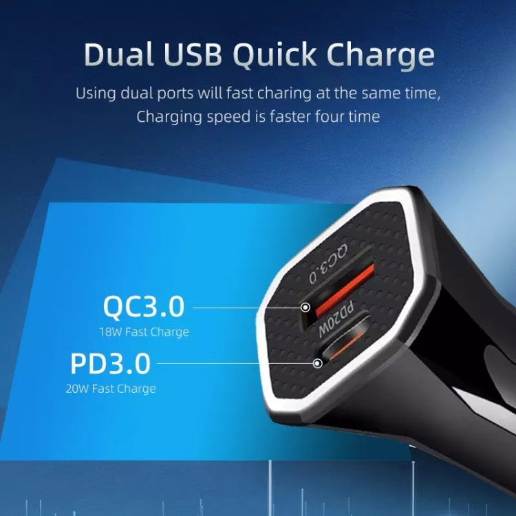 Black square car fast charger with dual USB ports and orange speed indicators