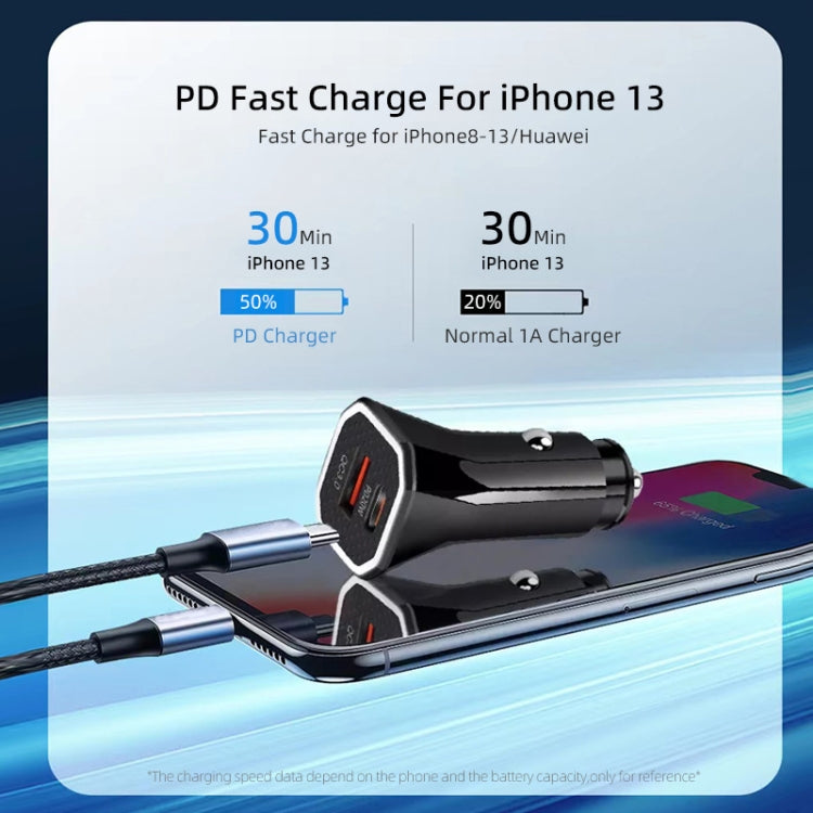 Black square car fast charger with dual ports for PD and QC charging